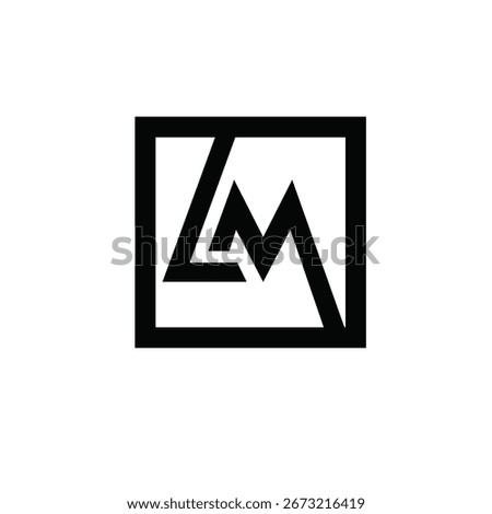 A striking black and white abstract geometric logo featuring stylized letters L and M integrated within a clean rectangular frame. This modern and minimalist design is perfect