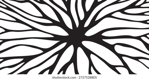 Um padrão abstrato preto e branco impressionante que se assemelha a uma rede neural, sistema raiz ou veias ramificadas.
