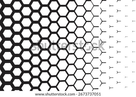 A striking black and white abstract pattern featuring a hexagonal grid that fades from solid to transparent, creating a sense of depth and digital transition.
