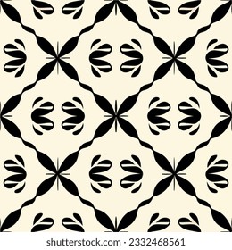 Striking black and white art deco pattern featuring dark flowers on a white background. The intricate design forms a repeating fabric pattern, adding an elegant touch.