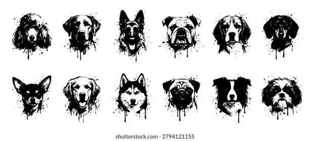 A striking black and white artistic compilation showcases various dog breeds rendered with a dynamic ink splatter effect