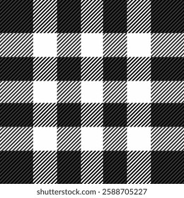 Striking black and white buffalo plaid pattern.  Perfect for textile design, website backgrounds, or stylish packaging. This graphic displays a classic, timeless aesthetic with a modern, clean feel.