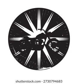 Um design circular preto e branco impressionante com uma silhueta de motocicleta