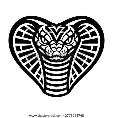 A striking black and white cobra snake head logo, designed with aggressive tribal patterns. This bold emblem symbolizes strength, danger, and power for branding. Stock photo © 