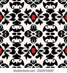 Striking black and white damask pattern with red accents, exuding dark floral motif that combines opulence and intrigue.