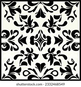 Striking black and white damask pattern elegantly displayed on a white background. This vector art panel, designed for CNC plasma cutting, exhibits the grace of art nouveau in a precise.
