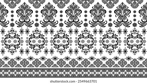 A striking black and white damask pattern with intricate floral and geometric motifs. The design features a repeating pattern of ornate scrolls and floral elements, creating a luxurious and elegant lo