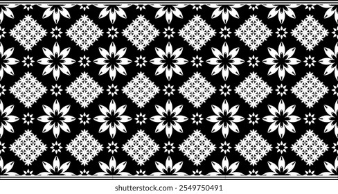 A striking black and white damask pattern with intricate floral and geometric motifs. The design features a repeating pattern of ornate scrolls and floral elements, creating a luxurious and elegant lo