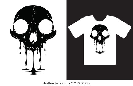 Un llamativo diseño en blanco y negro con una calavera goteante y una ilustración de maqueta de camiseta