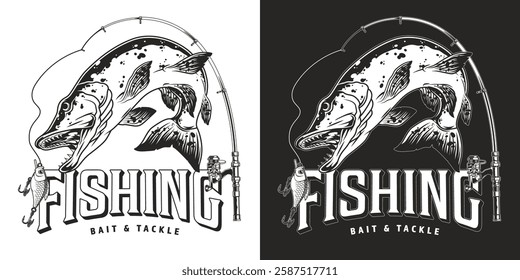 A striking black and white design showcases a large fish jumping above the word fishing. The layout includes fishing tackle and a silhouette of a person.