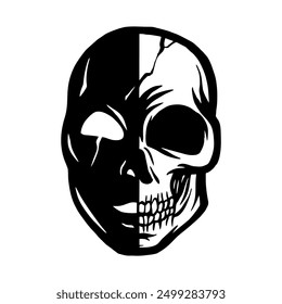 Striking black and white dual face design—half skull, half mask. Symbolizing duality, mystery, and life vs. death. Ideal for tattoo art, dark themes, creative projects, and gothic illustrations.