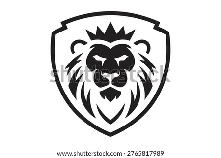 A striking black and white emblem features a lion s head within a shield conveying strength and regal power high-quality