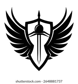  Um emblema preto e branco impressionante com um escudo clássico com uma espada perfurando através dele, flanqueado por poderosas asas estendidas. Ideal para temas de proteção, força, honra e vitória.