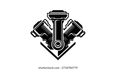 Un llamativo emblema en blanco y negro con dos pistones y cilindros de un motor en V, dispuestos simétricamente para formar un diseño automotriz potente y clásico.