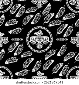 A striking black and white ethnic illustration of a bird and feather, showcasing intricate tribal patterns and cultural symbolism. Ideal for use in design, tattoo art, and nature-inspired projects