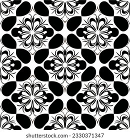 Striking black and white flower pattern on a pristine white background, exuding an air of sophistication. The intricate damask pattern showcases elements of art nouveau design.