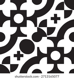 Un llamativo fondo geométrico en blanco y negro con Formas llamativas, motivos circulares, Elementos cruzados, líneas curvas y texturas de alto contraste. Este moderno patrón abstracto muestra un diseño sin fisuras.