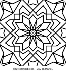 A striking black and white geometric design featuring a starburst pattern composed of interlocking triangles.