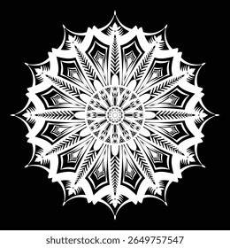 Um impressionante design de mandala geométrica preto e branco, apresentando intrincada simetria radial e padrões angulares afiados.