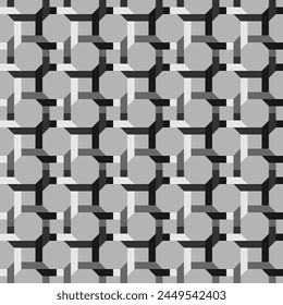 A striking black and white geometric pattern featuring lines, rectangles, and mesh designs on a clean white background, showcasing symmetry style