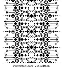 A striking black and white geometric pattern inspired by traditional ethnic art. The design features a repeating motif of diamonds, squares, and crosses, creating a bold and graphic look. 