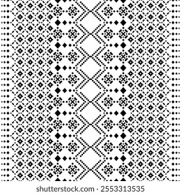 A striking black and white geometric pattern inspired by traditional ethnic art. The design features a repeating motif of diamonds, squares, and crosses, creating a bold and graphic look. 