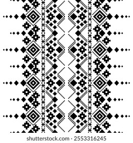 A striking black and white geometric pattern inspired by traditional Ukrainian or Belarusian folk art. The design features a repeating motif of diamonds, squares, and crosses, 