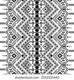 A striking black and white geometric pattern inspired by traditional ethnic art. The design features a repeating motif of diamonds, squares, and crosses, creating a bold and graphic look. 
