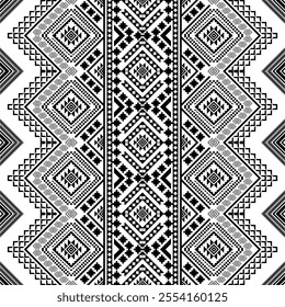 A striking black and white geometric pattern inspired by traditional ethnic art. The design features a repeating motif of diamonds, squares, and crosses, creating a bold and graphic look. 