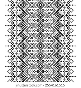 A striking black and white geometric pattern inspired by traditional ethnic art. The design features a repeating motif of diamonds, squares, and crosses, creating a bold and graphic look.