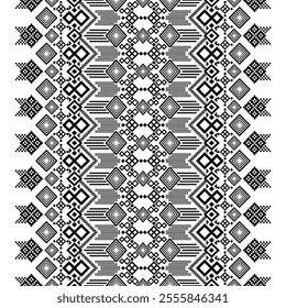A striking black and white geometric pattern inspired by traditional ethnic art. The design features a repeating motif of diamonds, squares, and crosses, creating a bold and graphic look.