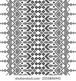 A striking black and white geometric pattern inspired by traditional ethnic art. The design features a repeating motif of diamonds, squares, and crosses, creating a bold and graphic look. 