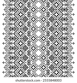 A striking black and white geometric pattern inspired by traditional ethnic art. The design features a repeating motif of diamonds, squares, and floral elements, creating a bold and graphic look.