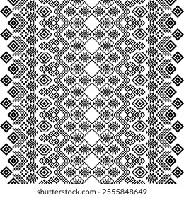 A striking black and white geometric pattern inspired by traditional ethnic art. The design features a repeating motif of diamonds, squares, and triangles, creating a bold and graphic look.