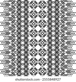 A striking black and white geometric pattern inspired by traditional ethnic art. The design features a repeating motif of diamonds, squares, and triangles, creating a bold and graphic look.