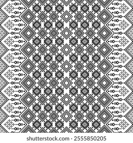 A striking black and white geometric pattern inspired by traditional ethnic art. The design features a repeating motif of diamonds, squares, and crosses, creating a bold and graphic look. 