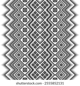 A striking black and white geometric pattern inspired by traditional ethnic art. The design features a repeating motif of diamonds, squares, and zigzags, creating a bold and graphic look. 