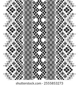 A striking black and white geometric pattern inspired by traditional ethnic art. The design features a repeating motif of diamonds, squares, and crosses, creating a bold and graphic look. 