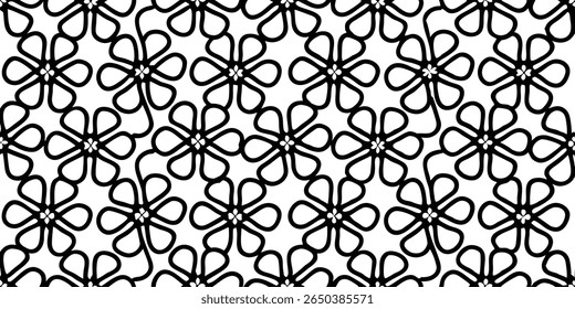 A striking black and white geometric pattern featuring a repeating arrangement of stylized, six-petal flowers with a central four-petal detail.