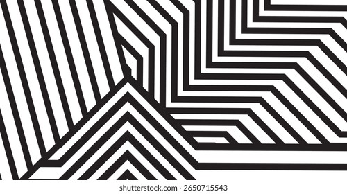 Padrão geométrico preto e branco impressionante apresenta uma matriz de linhas nítidas e formas angulares, criando uma composição abstrata visualmente envolvente com sensação moderna e dinâmica