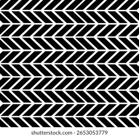 Um impressionante padrão geométrico preto e branco com um design repetitivo em estilo herringbone ou chevron. As linhas ágeis, angulares e fluxo horizontal sem costura tornam ideal para fundos modernos, tex