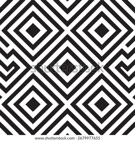 A striking black and white geometric pattern featuring interlocking diamonds and maze-like elements, creating a bold and abstract visual texture with a retro feel.