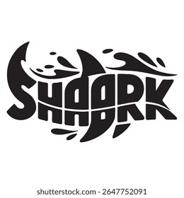a striking black and white graphic featuring the word shark with fin and water details, creating a bold and modern design element.