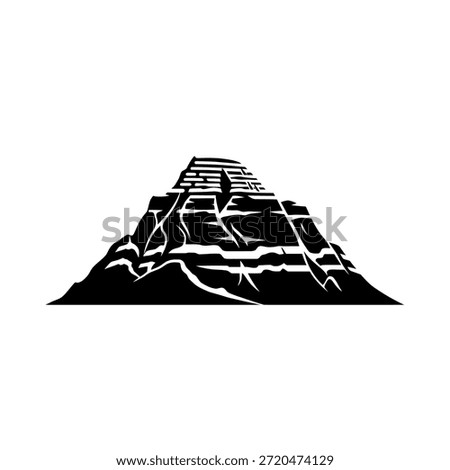 A striking black and white graphic representation of a pyramid, possibly Mayan or Aztec, with distinct stepped layers and a textured, rugged appearance.