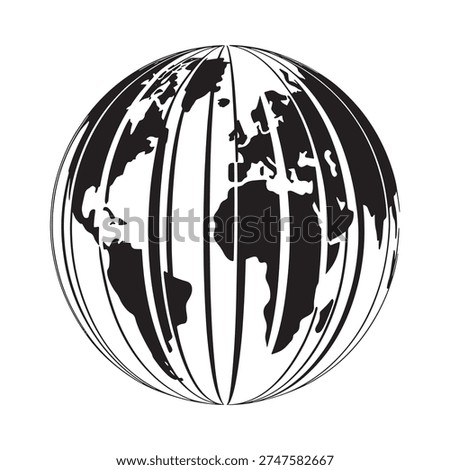 A striking black and white graphic representation of planet earth showing continents and oceans