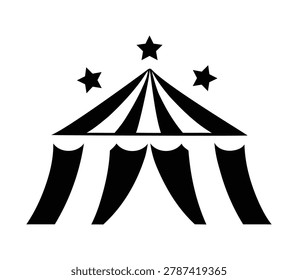 A striking black and white graphic representing a classic circus big top tent structure, featuring striped canvas and three prominent stars above the peak, perfect for entertainment themes.