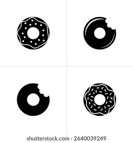 A striking black and white graphic showcases four distinct donut variations. Two donuts feature a missing bite, while the remaining two are covered with various sprinkles.