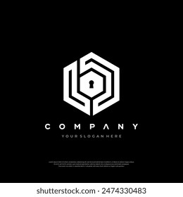 A striking black and white hexagonal logo featuring a keyhole design symbolizing secure and private corporate branding