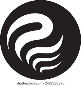 A striking black and white icon depicting a swirling gust of wind. 