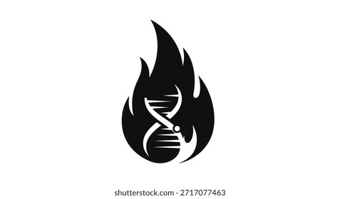 Um ícone preto e branco impressionante com uma hélice de DNA envolta em chamas, simbolizando paixão genética ou processos biológicos intensos.